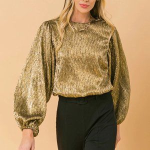 NWT Jealous Tomato Metallic Gold Balloon Sleeve Top - Sz S